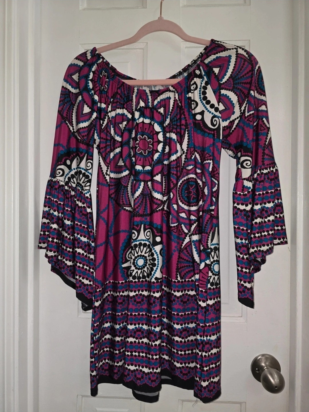 Women's Purple Printed Boho Bell-Sleeve Dress